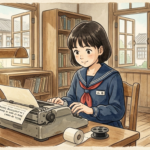 英文タイプライターを打つ中学生の画像