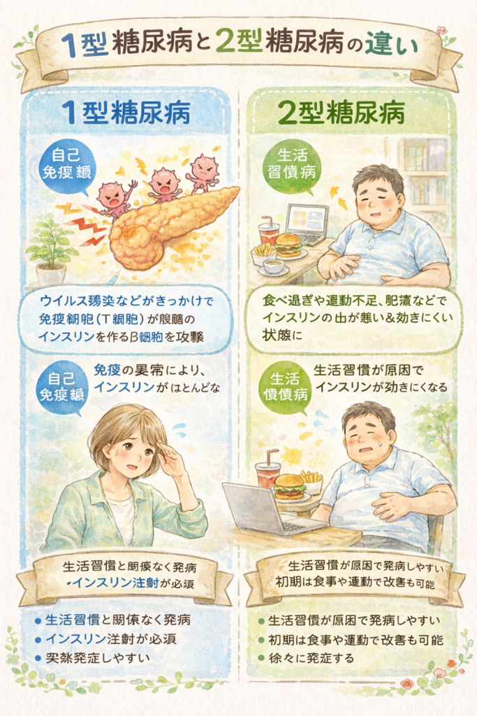 1型糖尿病と2型糖尿病のイラスト