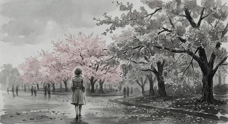 モノクロの桜イラスト