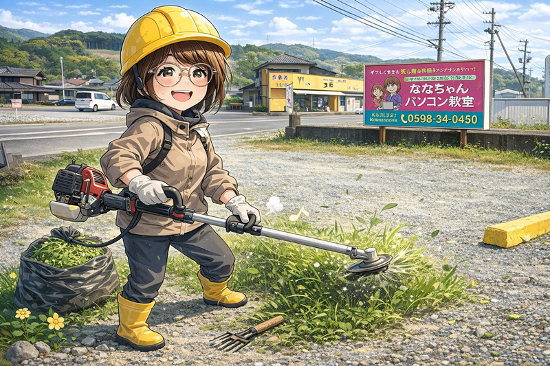 草刈りする福本純子